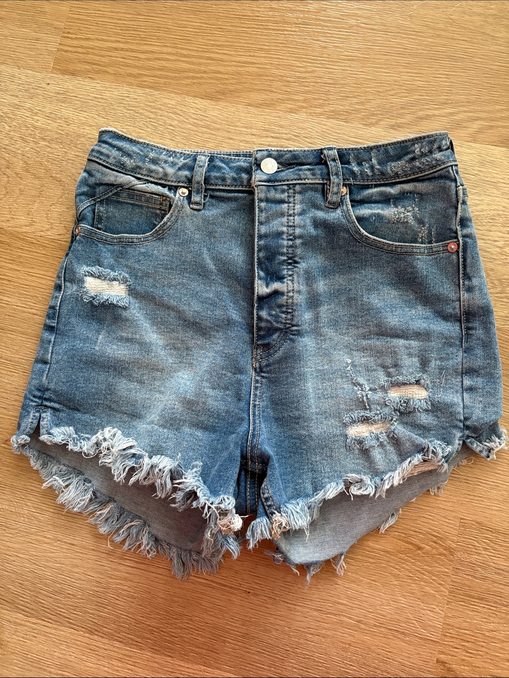 Free People Distressed Blue Denim High-Rise Jean Shorts